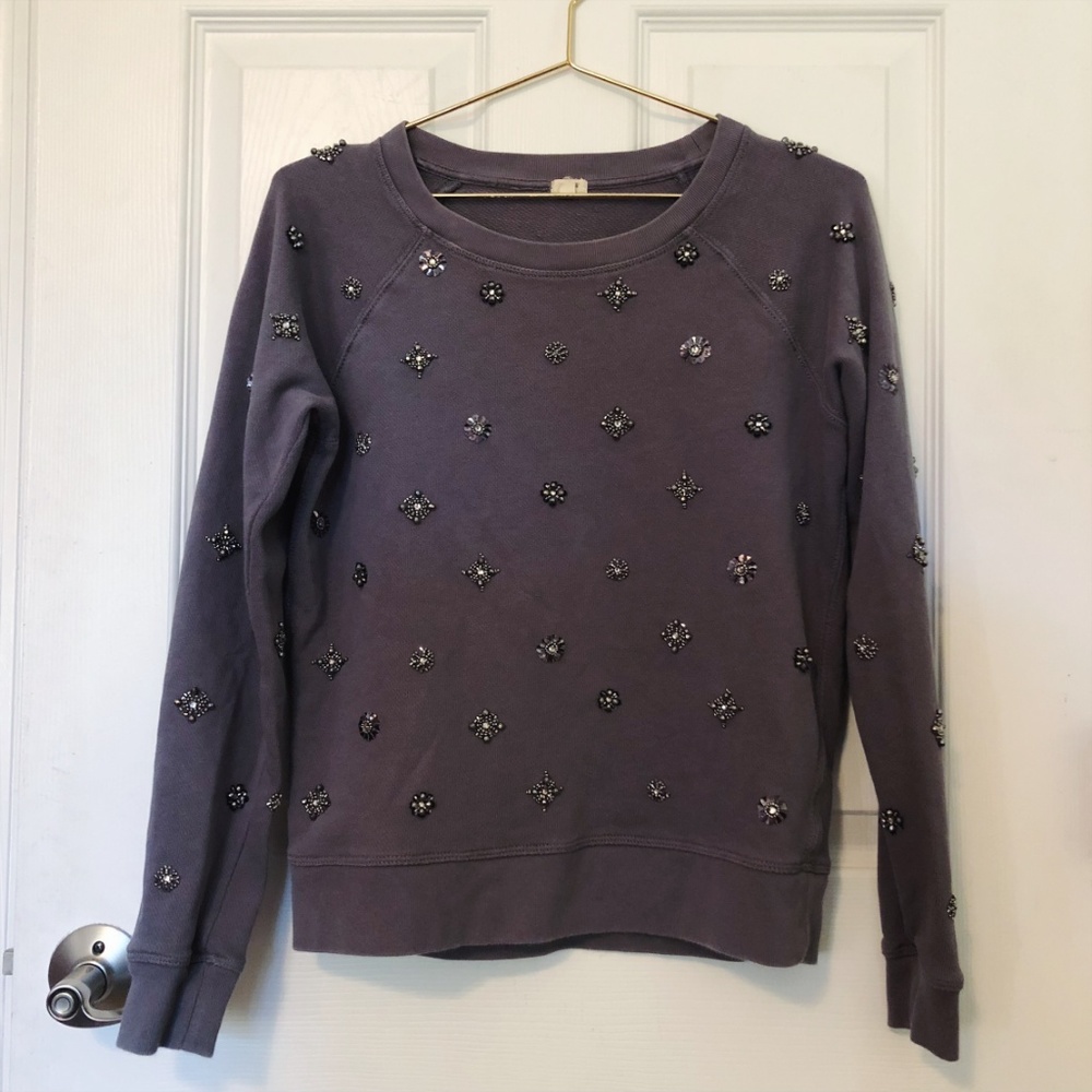 J Crew Gray Jeweled Beaded Long Sleeve Sweatshirt